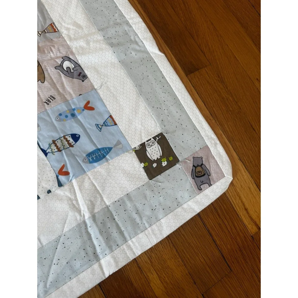 Handmade Bear And‎ Fish Patchwork Baby Boys Quilt Nursery Crib Blanket 37x49
